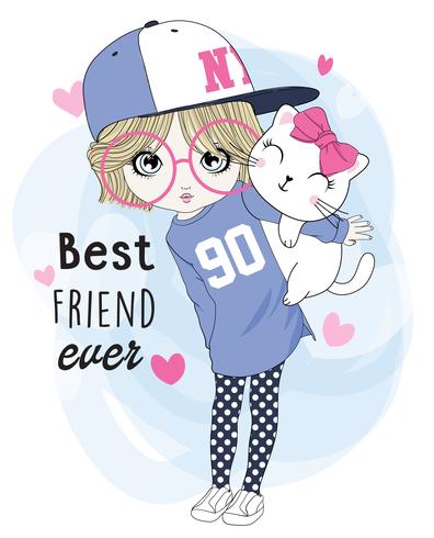 Hand drawn cute girl with best friend cat vector