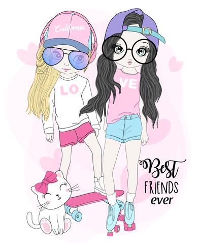 Hand drawn cute girls skateboarding with cat vector