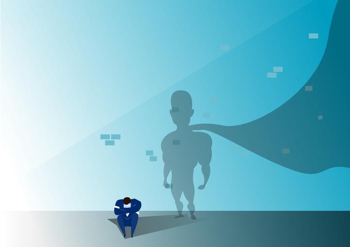 Business man stressed from failing opportunity again with silhouette of hero man vector