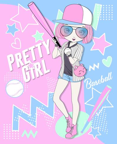 Mano dibuja a linda chica con fondo de bate de béisbol y doodle vector