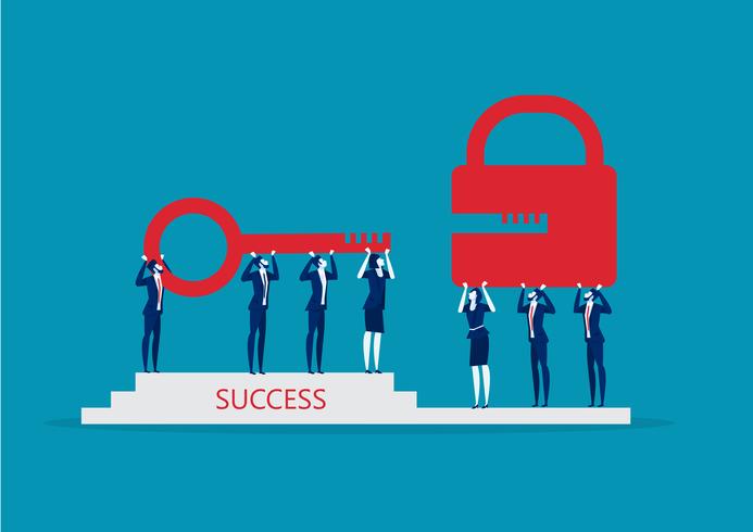 Business team holding red key to unlock lock. Success solution. vector