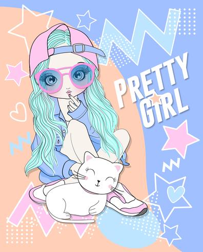 Hand drawn cute girl wearing hat with cat vector