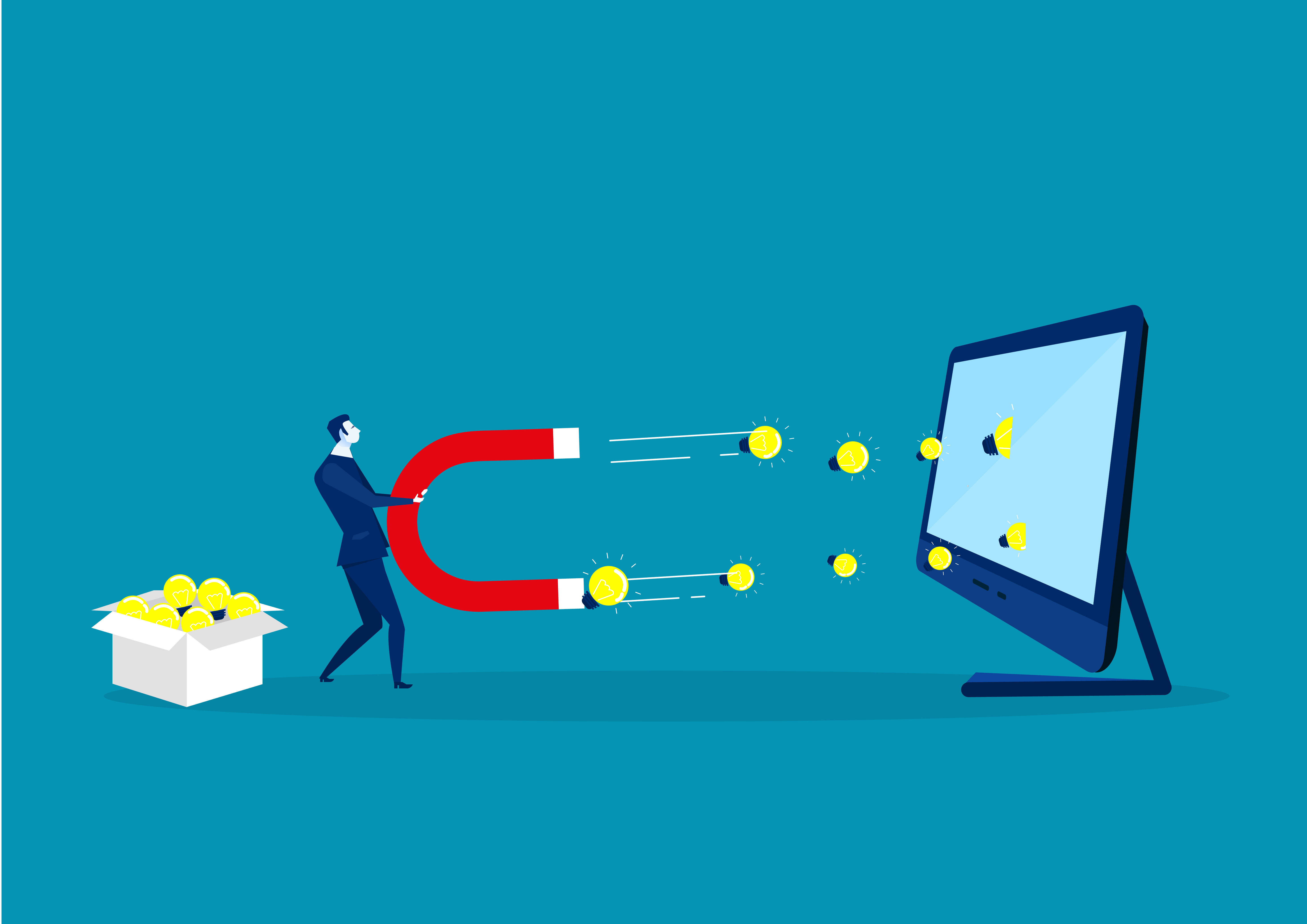 Business man holding a big attracting bulb lights from laptop