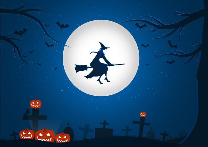 Halloween cemetery background picture with flying witch and bats vector