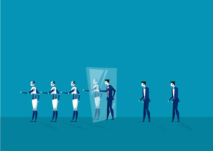 business men walk through mirror and become robots vector