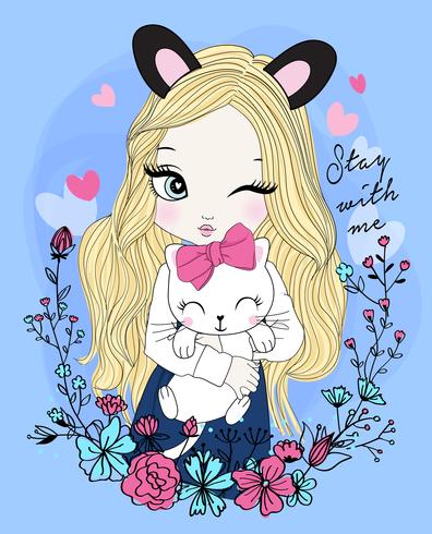 Hand drawn cute girl wearing ears with cat and floral wreath vector