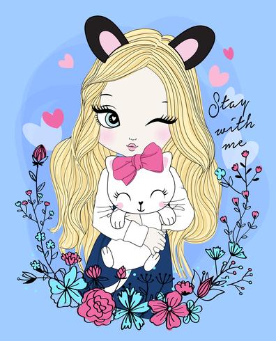 Hand drawn cute girl wearing ears with cat and floral wreath vector