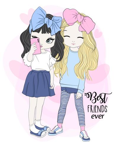 Hand drawn cute girl best friends taking selfie with typography vector