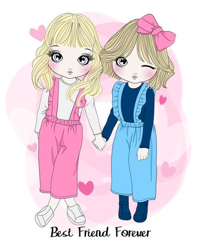 Hand drawn cute girl best friends holding hands with typography vector