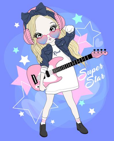 Hand drawn cute girl wearing headphones playing electric guitar vector