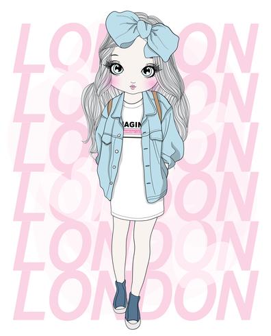 Hand drawn cute girl wearing oversized bow and t-shirt with London typography vector