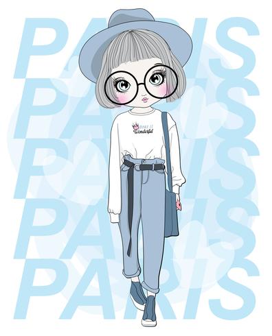 Hand drawn cute girl wearing large glasses with Paris typography vector