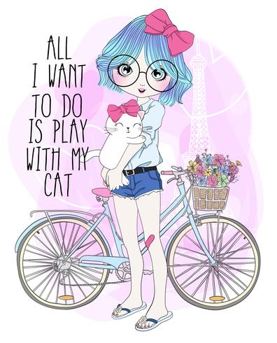 Hand drawn cute girl with bicycle and cat vector