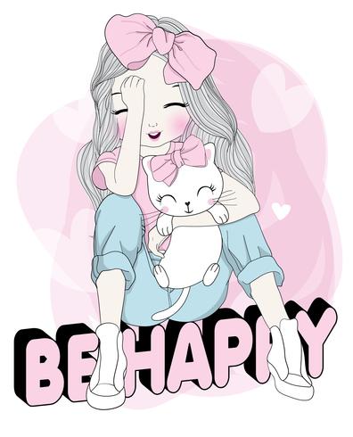 Hand drawn cute girl with cat sitting on BE HAPPY text vector