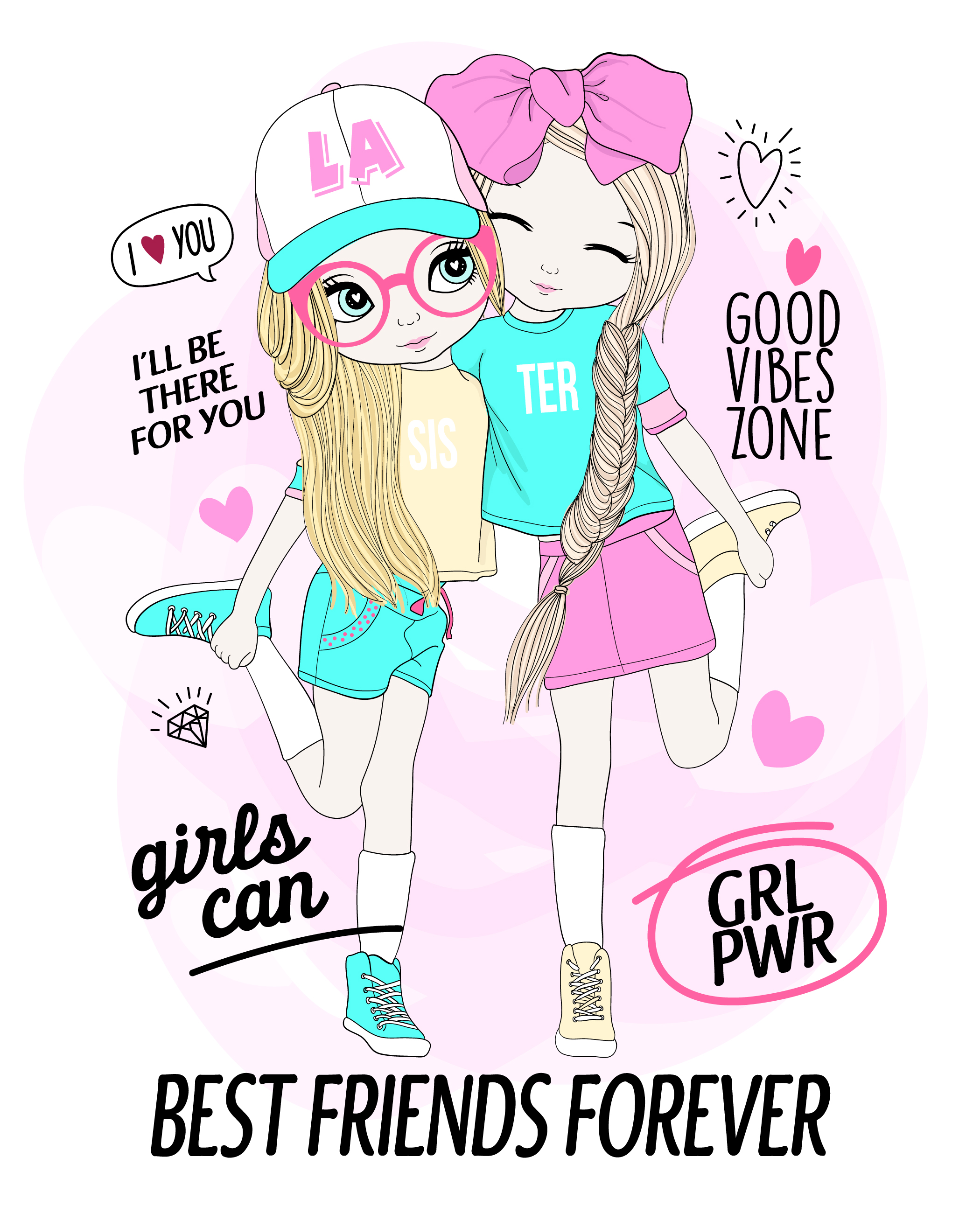 Hand drawn cute girl best friends with doodles and typography 675942