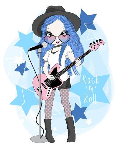 Hand drawn cute girl playing guitar and singing vector