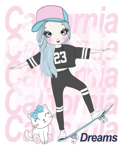 Dibujado a mano linda chica skate con gato y tipografía California Dreams vector