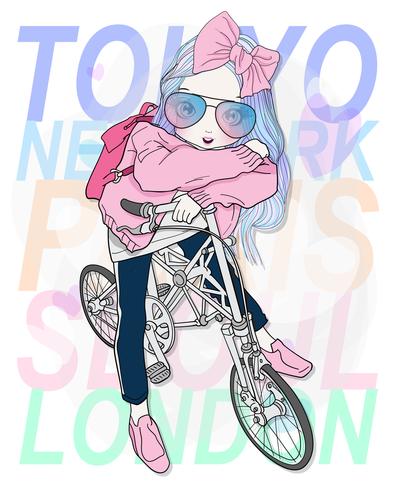 Dibujado a mano linda chica andar en bicicleta con la tipografía en el fondo vector
