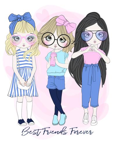 Hand drawn cute group of 3 girl best friends in different poses with typography vector