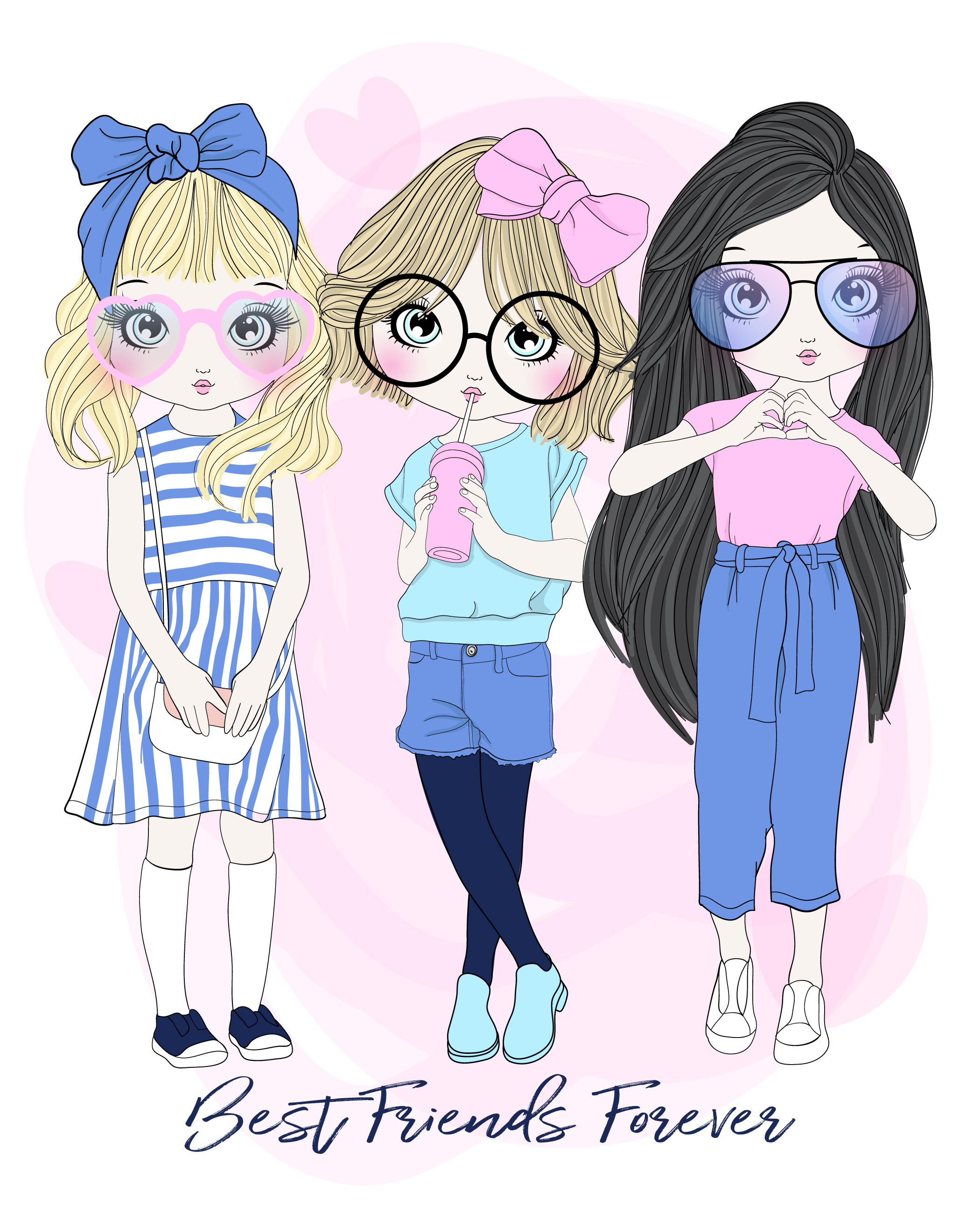 Hand drawn cute group of 3 girl best friends in different poses with