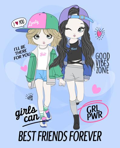 Hand drawn cute girl best friends with doodles and typography vector
