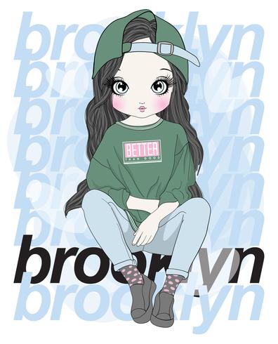 Hand drawn cute girl wearing backwards hat with Brooklyn typography vector