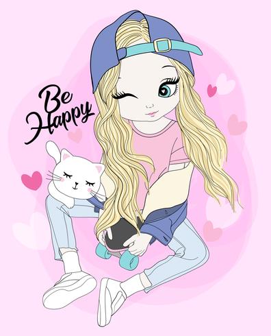 Hand drawn cute girl sitting on skateboard with cat vector