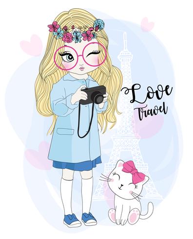 Hand drawn cute girl traveler holding camera with cat vector