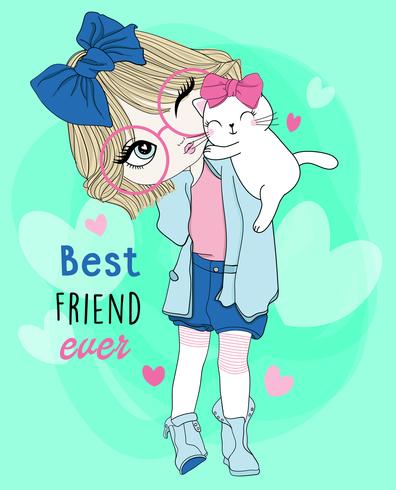 Hand drawn cute girl wearing glasses with best friend cat vector