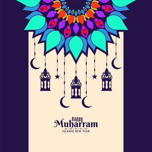 Happy Muharran card with colorful mandala and hanging lanterns vector