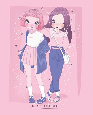Hand drawn cute girl best friends with typography vector