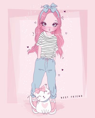 Hand drawn cute girl and cat with best friend typography vector