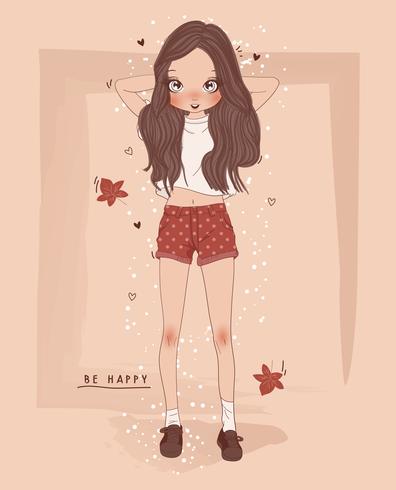Hand drawn cute girl with leaves typography vector