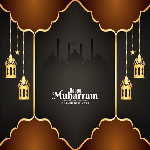 Happy Muharran glossy golden card with hanging lanterns vector