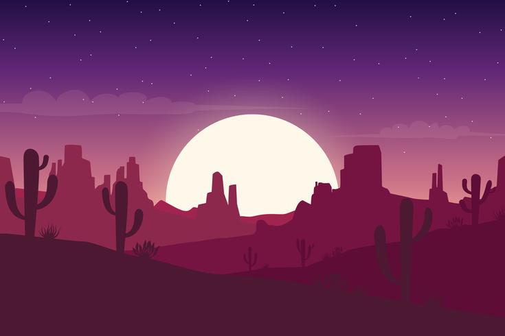 Paisaje desértico en la noche con fondo de siluetas de cactus y colinas vector