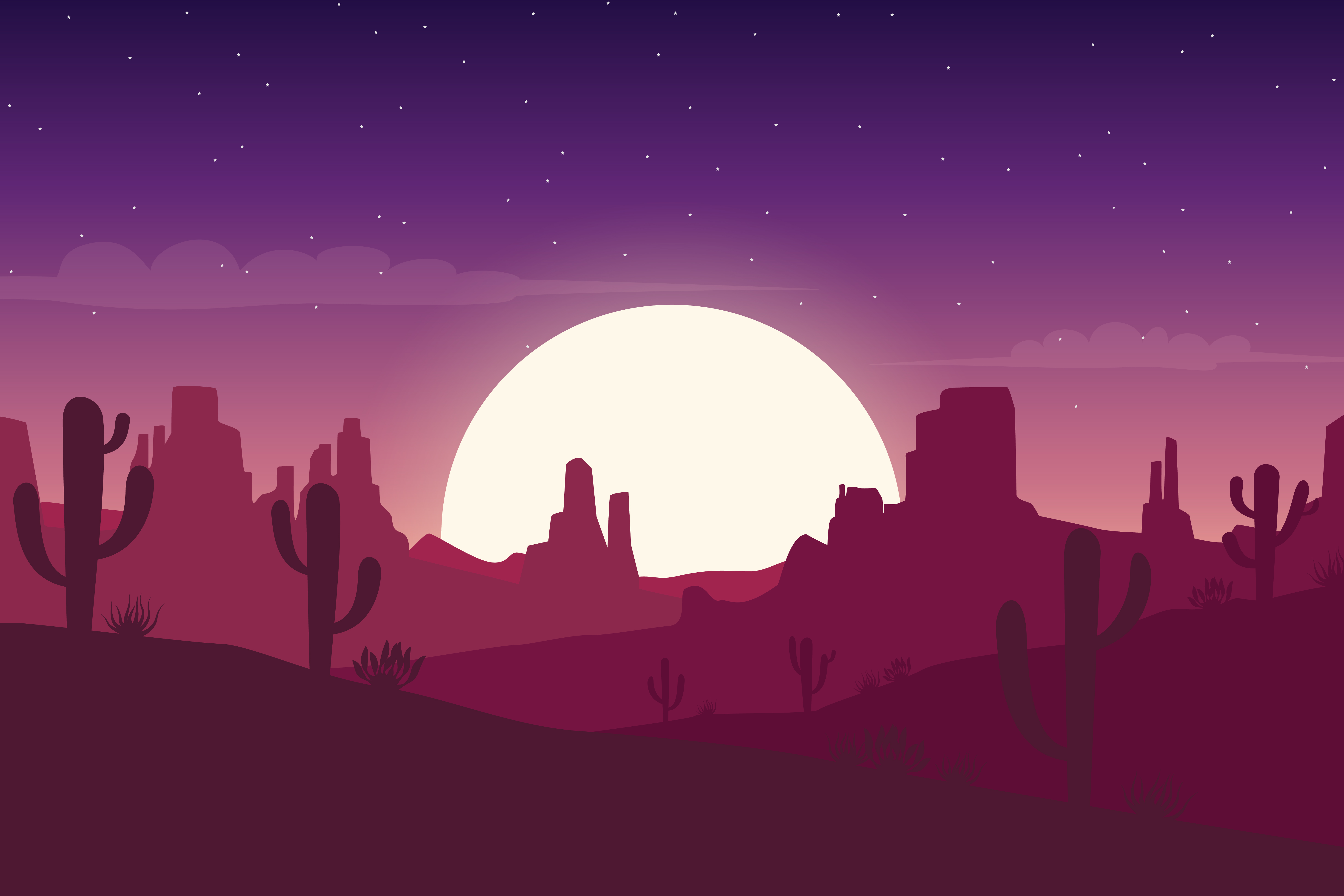 Desert landscape at night with cactus and hills silhouettes background