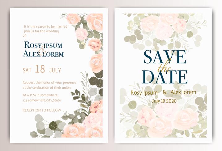 Tarjeta de invitación de boda con coloridas flores y hojas. vector