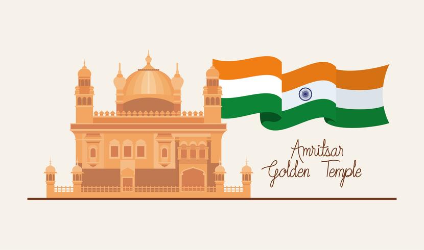 Templo de oro indio amritsar con bandera vector