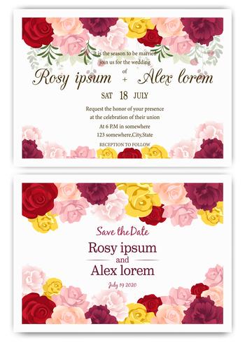 Tarjeta de invitación de boda con coloridas flores y hojas. vector