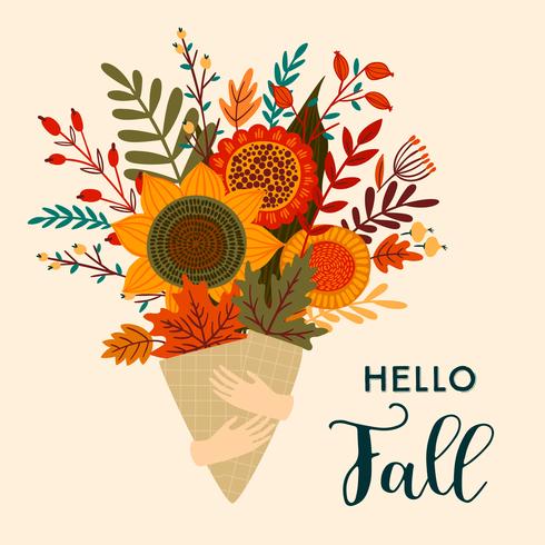 Hello Fall autumn flower bouquet vector