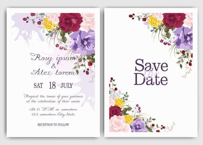 Tarjeta de invitación de boda con coloridas flores y hojas. vector