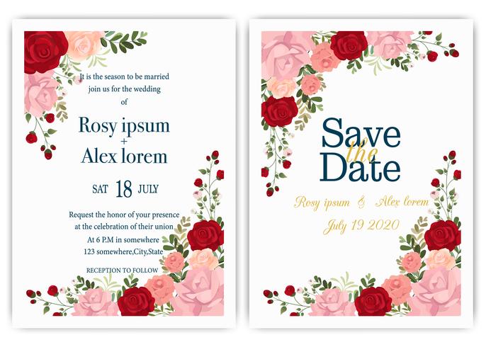 wedding invitation card with colourful floral and leaves. vector