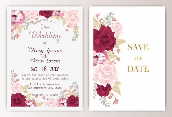 wedding invitation card with colourful floral and leaves. vector