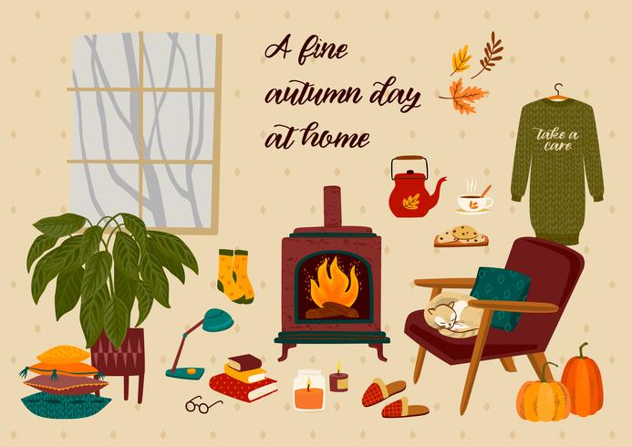 Autumn illustration with homely cute things vector