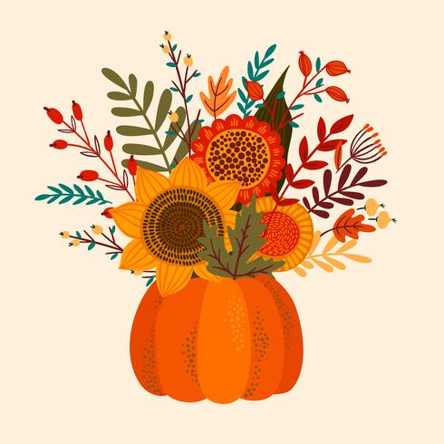 autumn flower bouquet in pumpkin vector