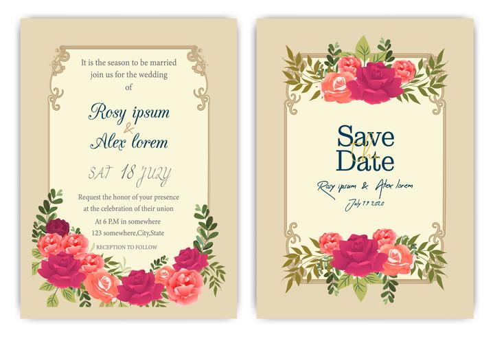 Tarjeta de invitación de boda con coloridas flores y hojas. vector