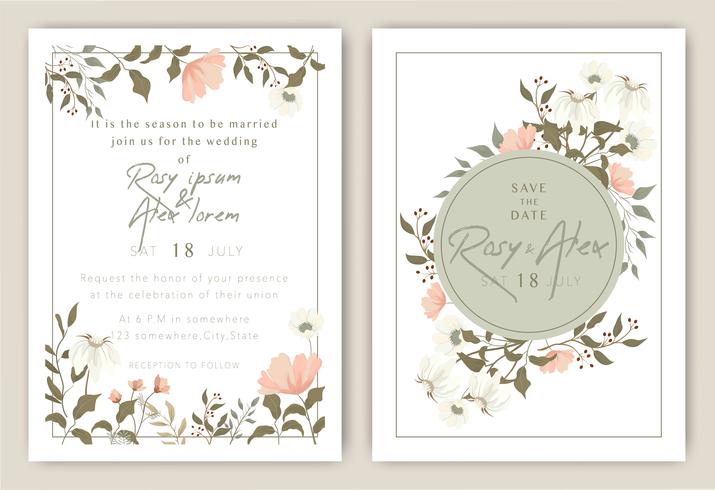 Las invitaciones de boda guardan el diseño de la tarjeta de fecha con una elegante anémona de jardín. vector