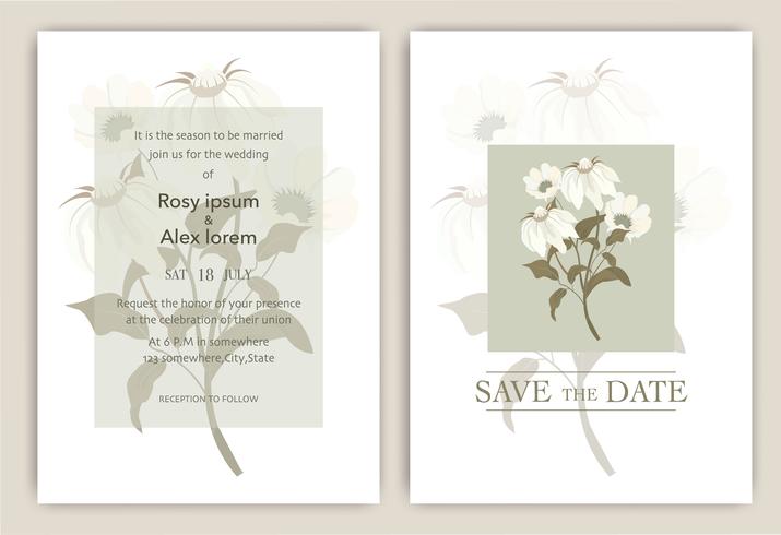 Las invitaciones de boda guardan el diseño de la tarjeta de fecha con una elegante anémona de jardín. vector