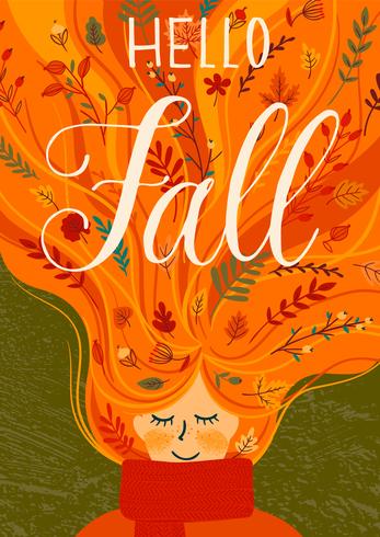 Hello Fall Autumn Girl  vector