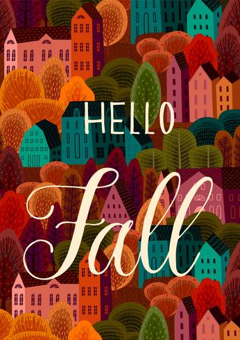 Hello Fall with Autumn City  vector